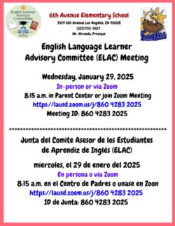 ELAC Meeting/Reunión ELAC, Wednesday/Miércoles, 1/29 @8:15am